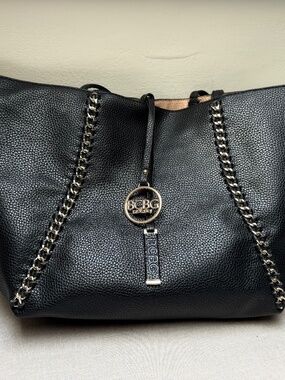 BCBG Black With Gold Chain Tote Bag Purse Vegan Leather